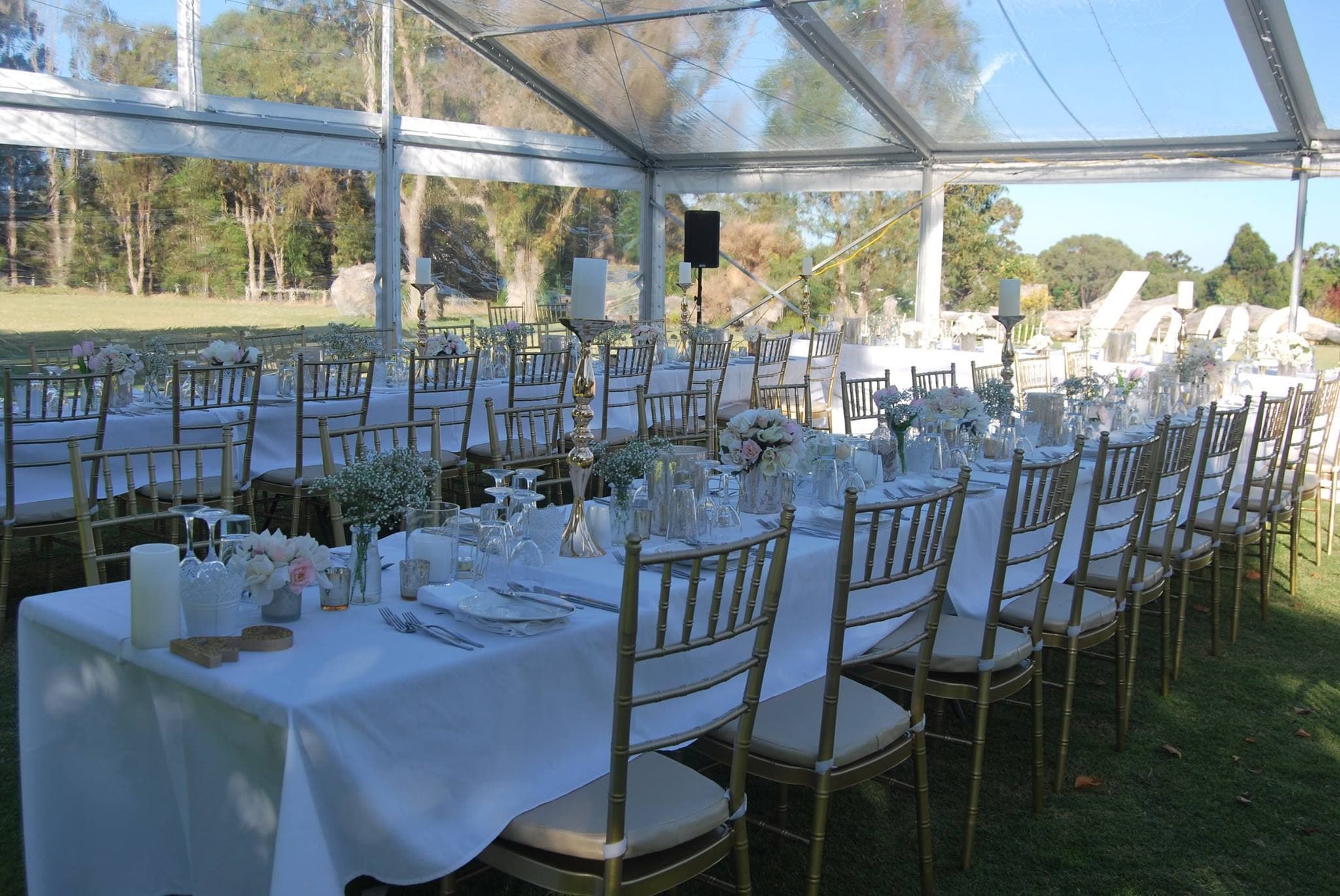 Clear-roof marquee reception with long tables, gold chiavari chairs and floral centrepieces overlooking the grounds